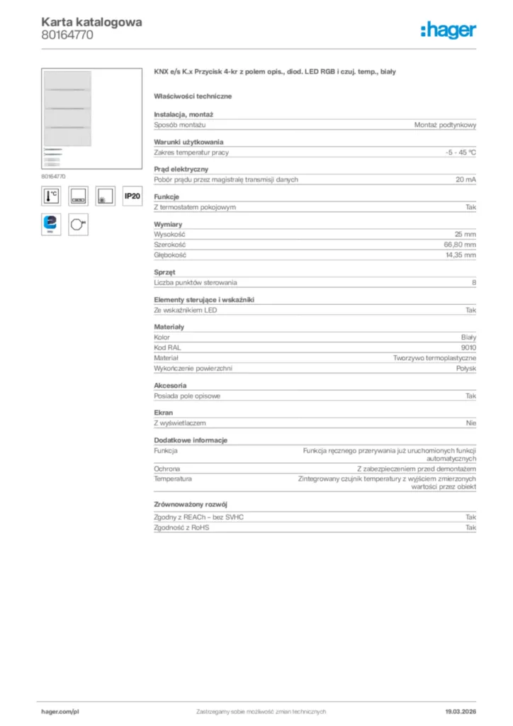 Zdjęcie Hager Karta katalogowa 80164770 | Hager Polska