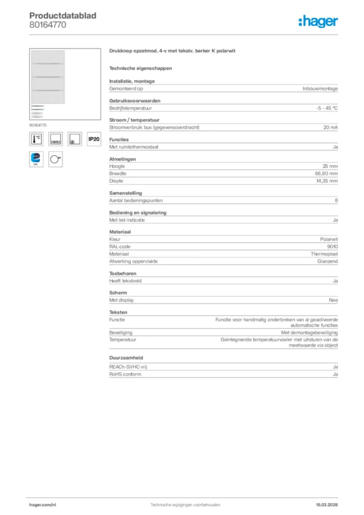 Afbeelding Hager Productdatablad 80164770 | Hager Nederland