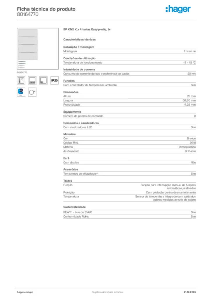 Imagem Hager Ficha técnica do produto 80164770 | Hager Portugal