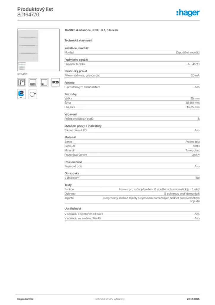 Obrázek Hager Produktový list 80164770 | Hager