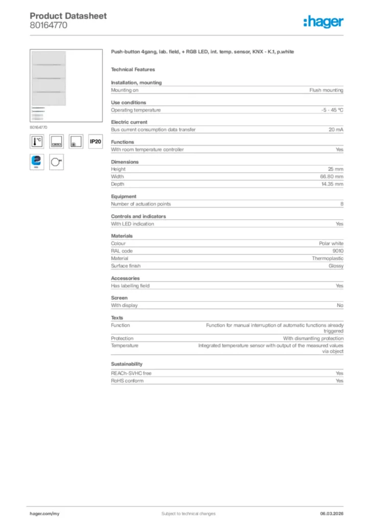 Image Hager Product data sheet 80164770  | Hager