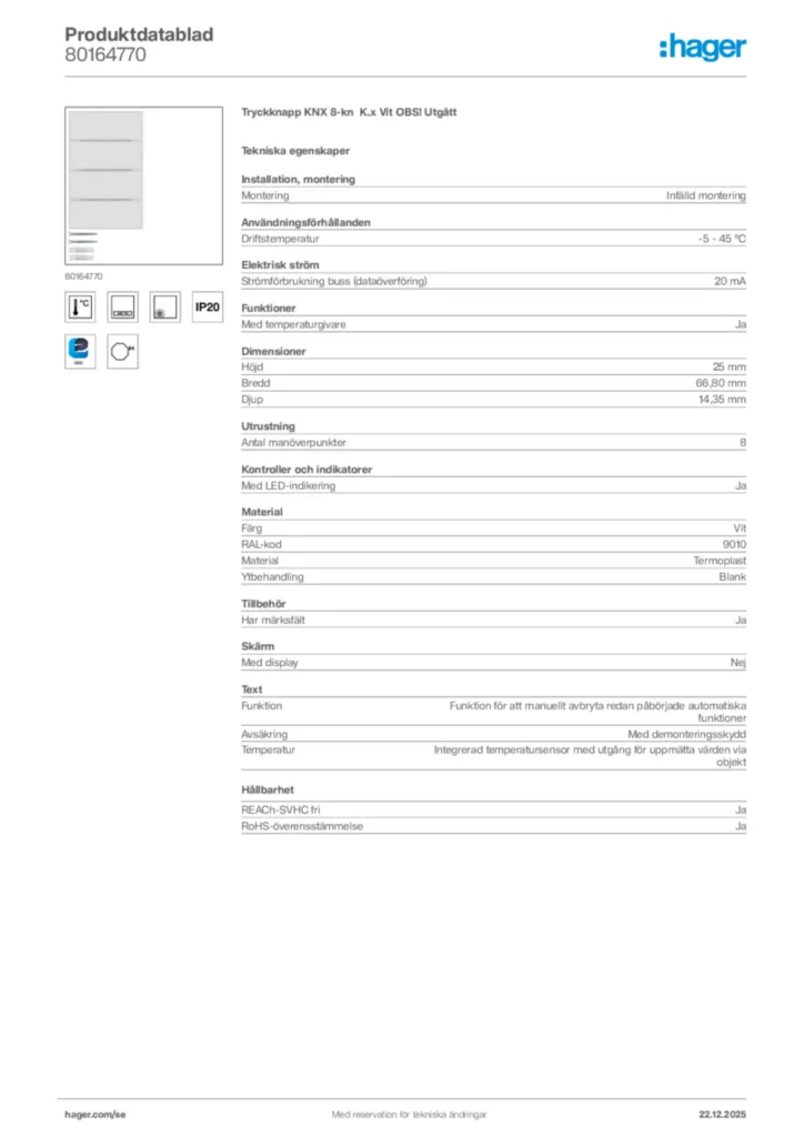 Bild Hager Produktdatablad 80164770 | Hager Sverige