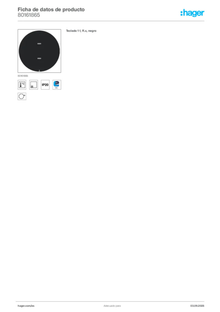 Imagen Hager Ficha de datos de producto 80161865 | Hager España