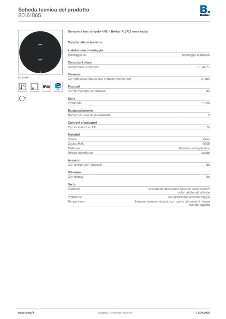 Immagine Berker Scheda tecnica del prodotto 80161865 | Hager Italia