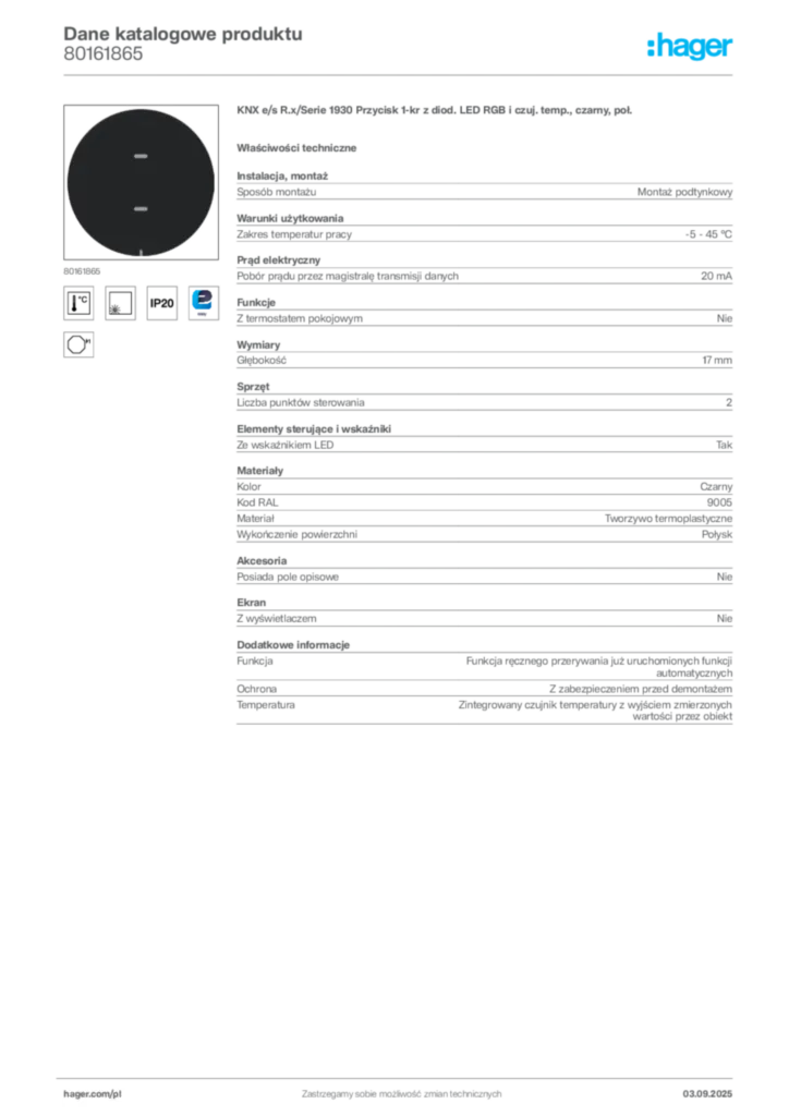 Zdjęcie Hager Dane katalogowe produktu 80161865 | Hager Polska