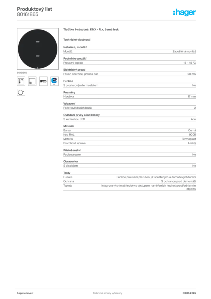 Obrázek Hager Produktový list 80161865 | Hager