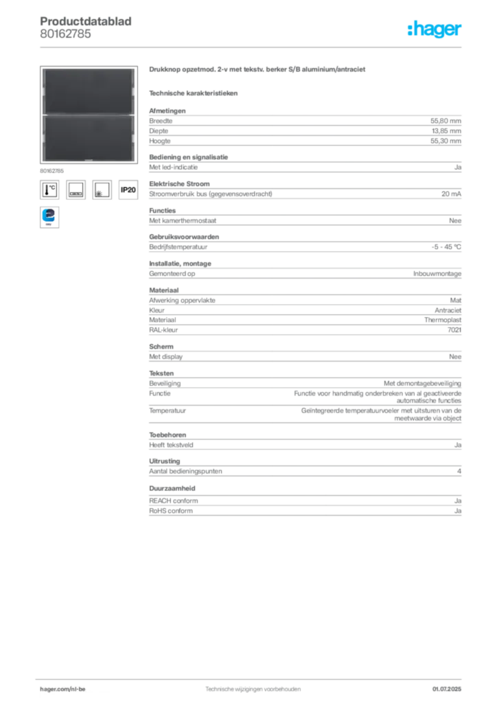 Afbeelding Hager Productdatablad 80162785 | Hager Belgium
