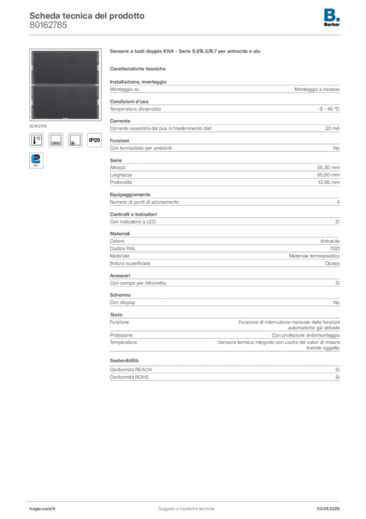 Immagine Berker Scheda tecnica del prodotto 80162785 | Hager Italia