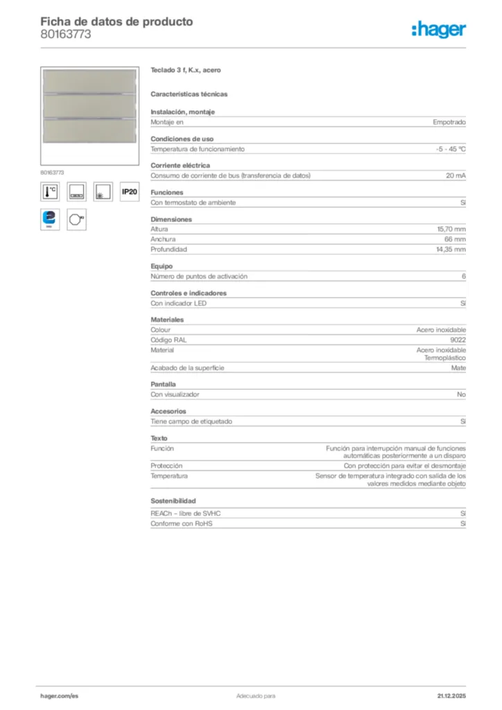 Imagen Hager Ficha de datos de producto 80163773 | Hager España