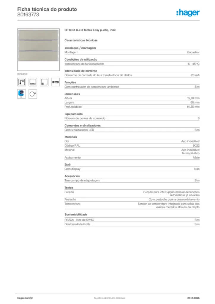 Imagem Hager Ficha técnica do produto 80163773 | Hager Portugal