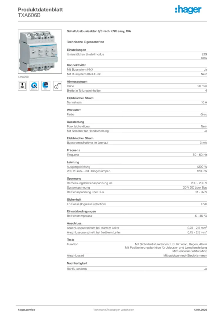 Hager Produktdatenblatt TXA606B