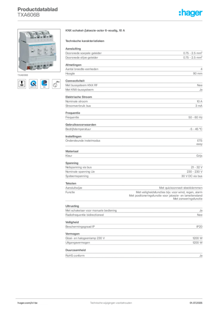Afbeelding Hager Productdatablad TXA606B | Hager Belgium