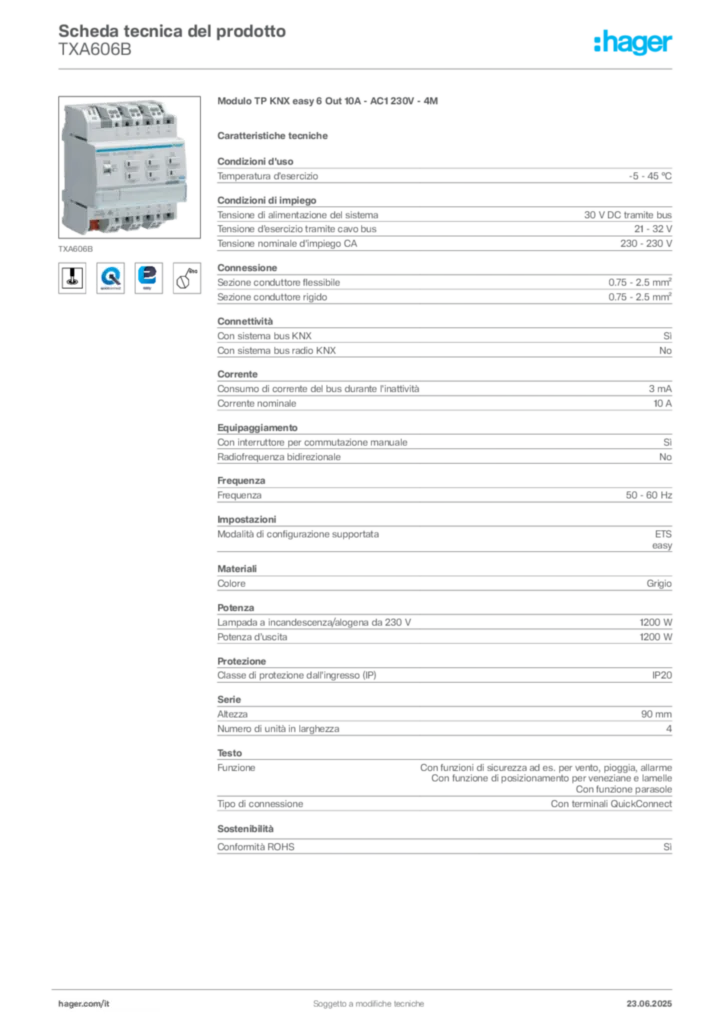 Immagine Hager Scheda tecnica del prodotto TXA606B | Hager Italia