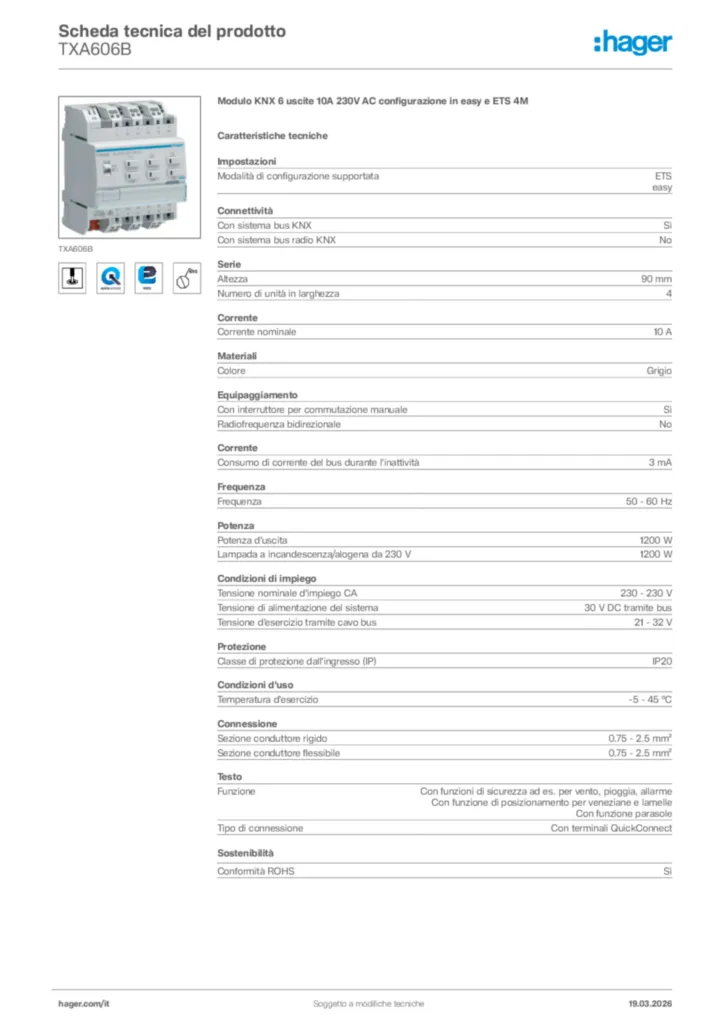 Immagine Hager Scheda tecnica del prodotto TXA606B | Hager Italia