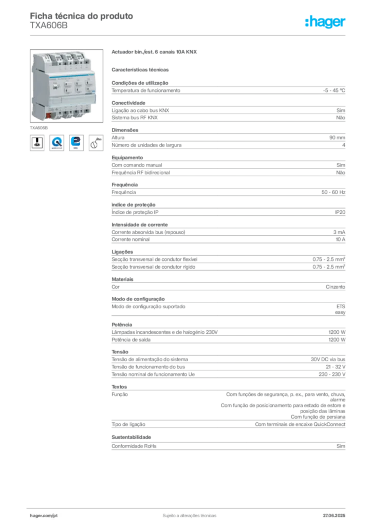 Imagem Hager Ficha técnica do produto TXA606B | Hager Portugal