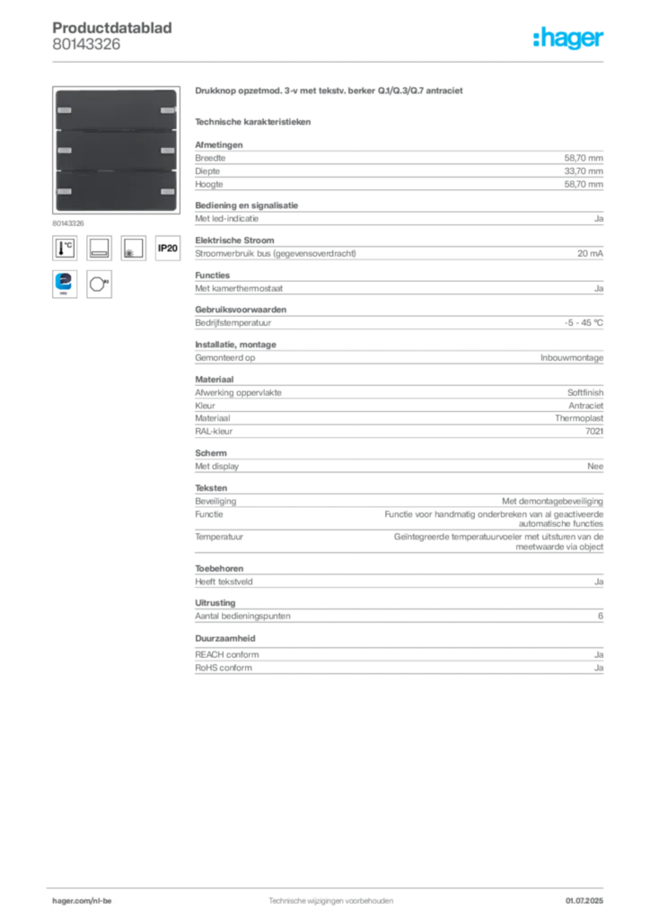 Afbeelding Hager Productdatablad 80143326 | Hager Belgium