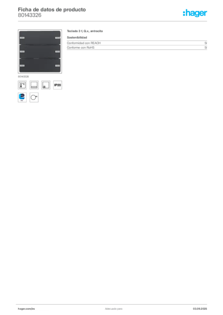 Imagen Hager Ficha de datos de producto 80143326 | Hager España