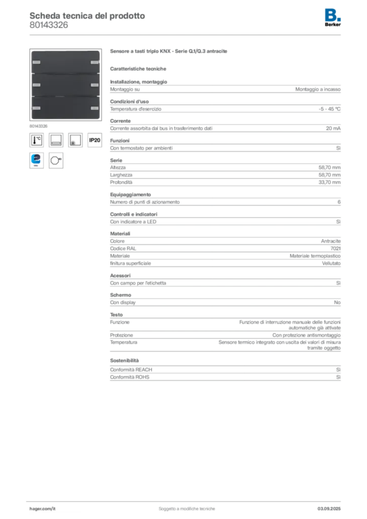 Immagine Berker Scheda tecnica del prodotto 80143326 | Hager Italia