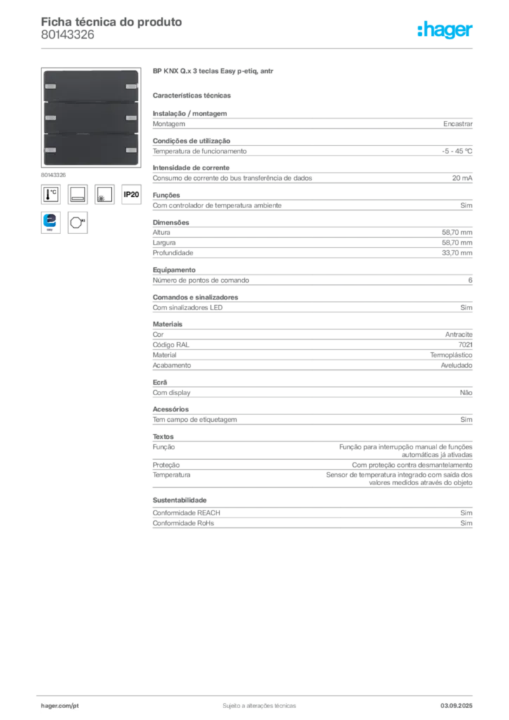 Imagem Hager Ficha técnica do produto 80143326 | Hager Portugal