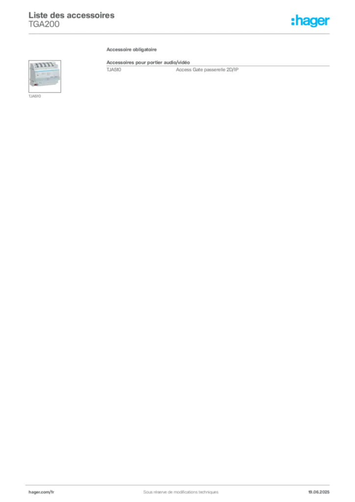 Image Hager Fiche technique du produit TGA200 | Hager France