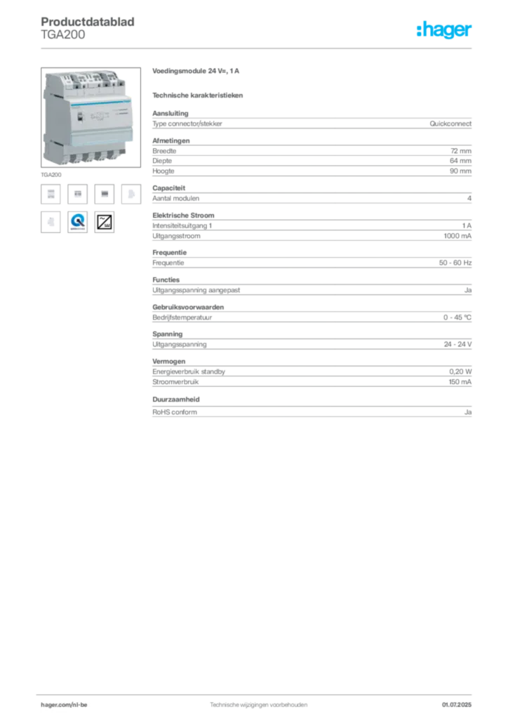 Afbeelding Hager Productdatablad TGA200 | Hager Belgium