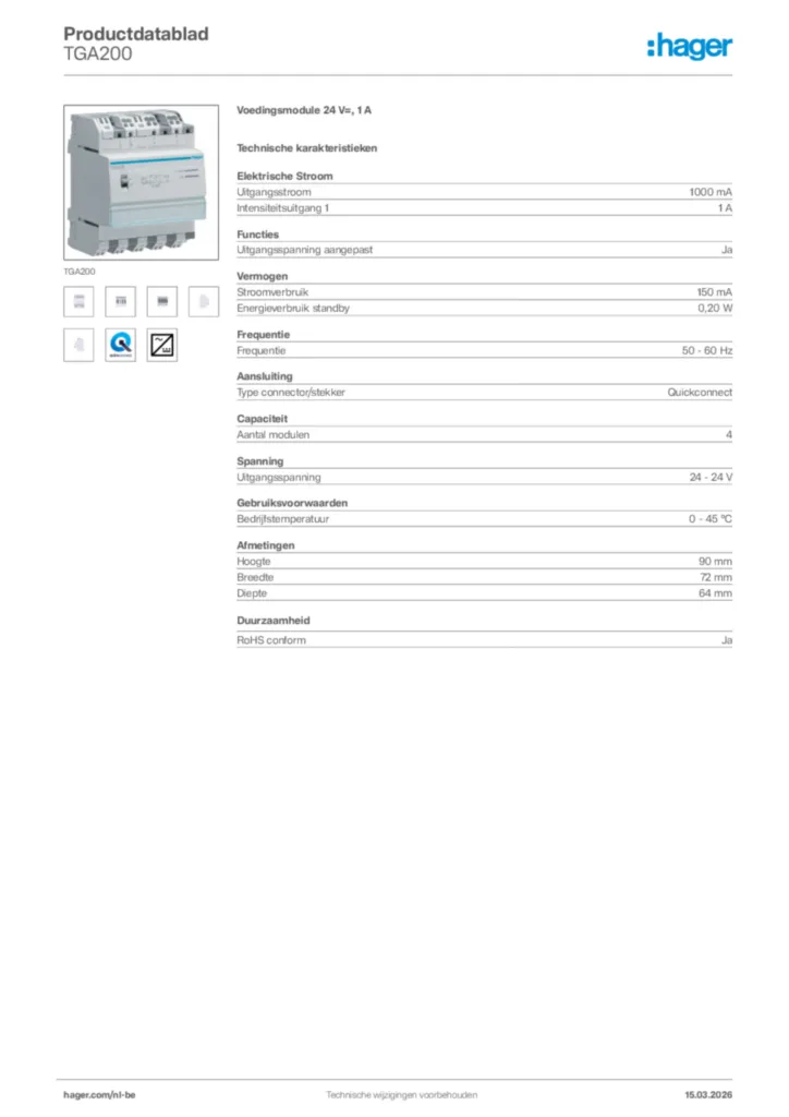 Afbeelding Hager Productdatablad TGA200 | Hager Belgium