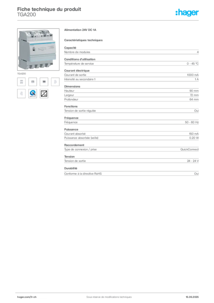 Image Hager Fiche technique du produit TGA200 | Hager Suisse