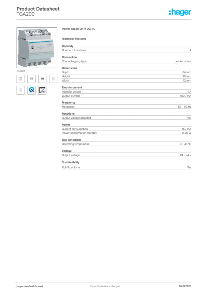 Image Hager Product data sheet TGA200  | Hager