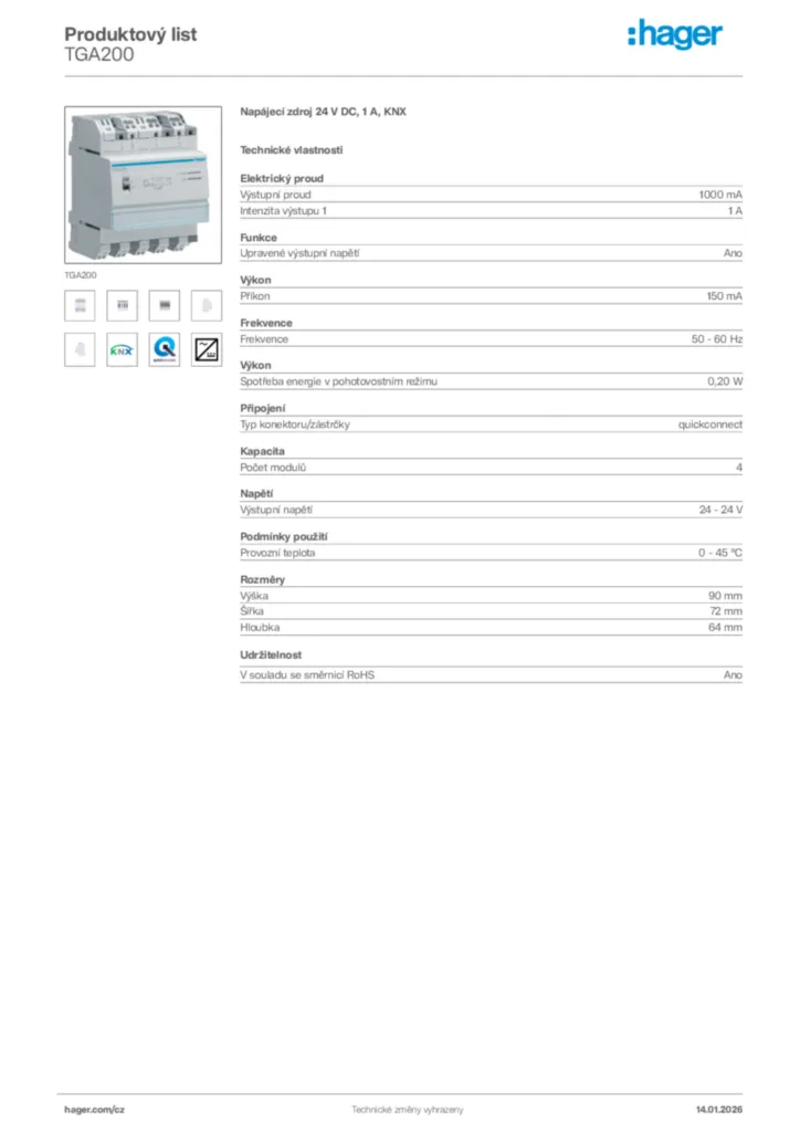 Obrázek Hager Product data sheet TGA200 | Hager