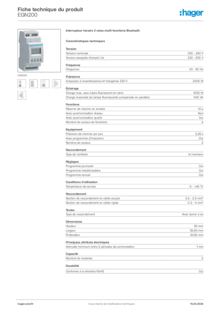 Image Hager Fiche technique du produit EGN200 | Hager France