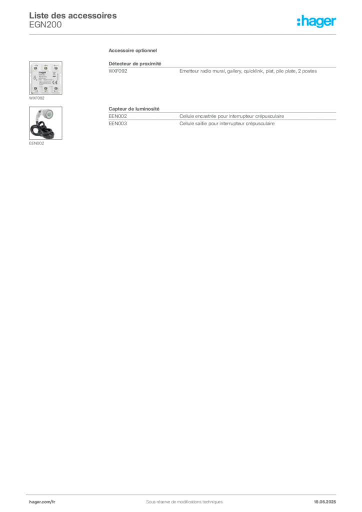 Image Hager Fiche technique du produit EGN200 | Hager France