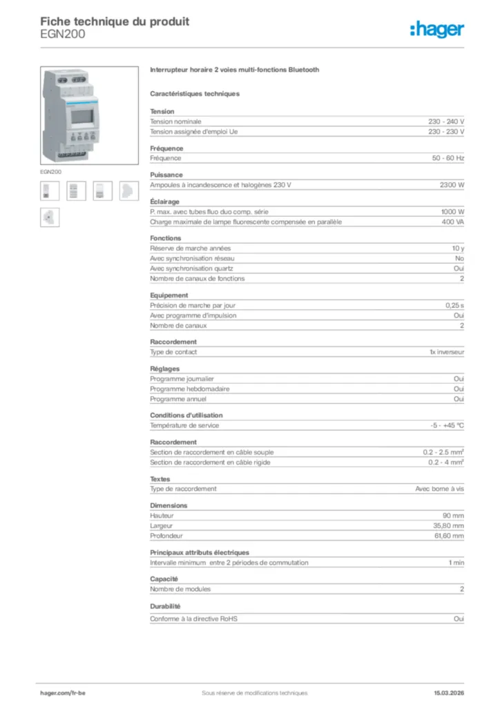 Image Hager Fiche technique du produit EGN200 | Hager Belgique