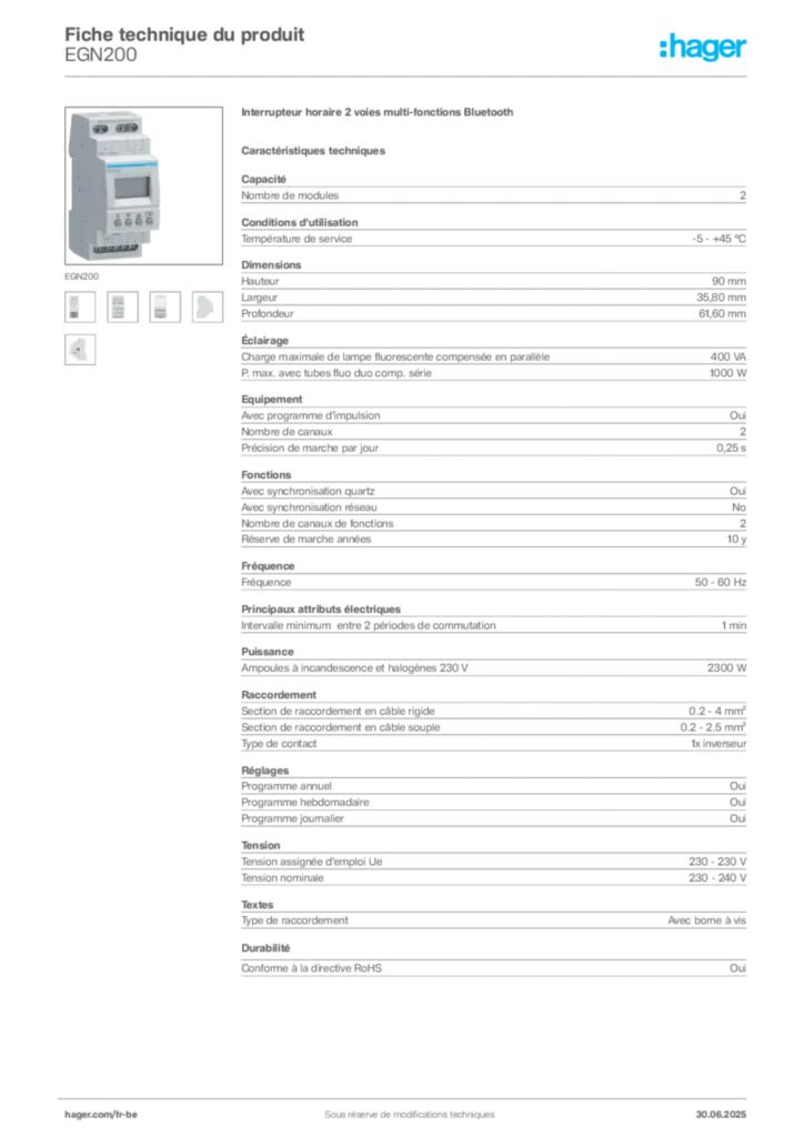 Image Hager Fiche technique du produit EGN200 | Hager Belgique