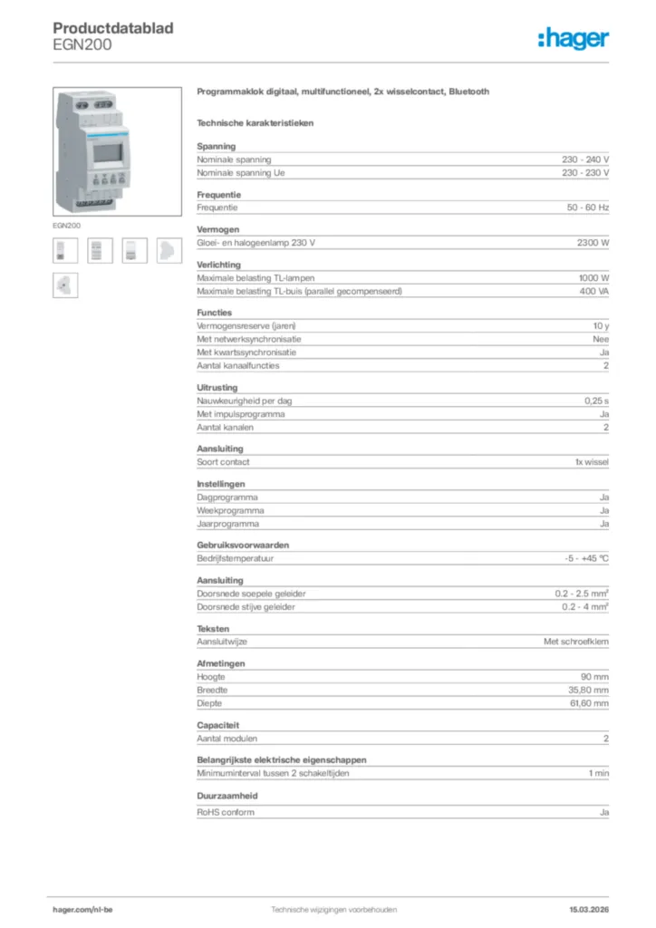 Afbeelding Hager Productdatablad EGN200 | Hager Belgium