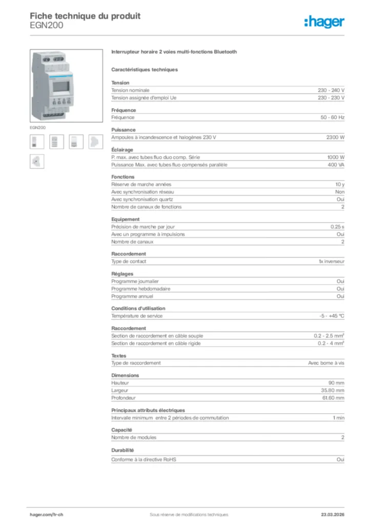 Image Hager Fiche technique du produit EGN200 | Hager Suisse