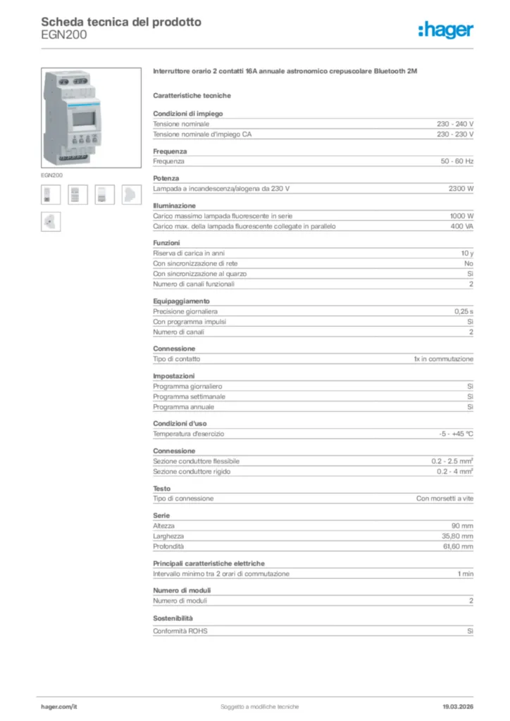 Immagine Hager Scheda tecnica del prodotto EGN200 | Hager Italia