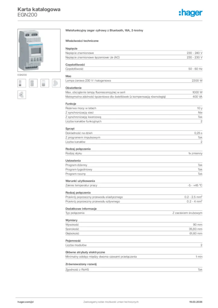 Zdjęcie Hager Karta katalogowa EGN200 | Hager Polska