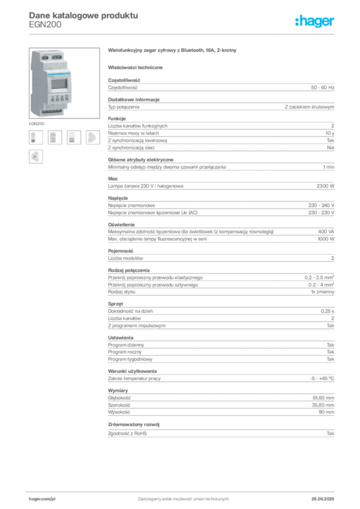 Zdjęcie Hager Dane katalogowe produktu EGN200 | Hager Polska