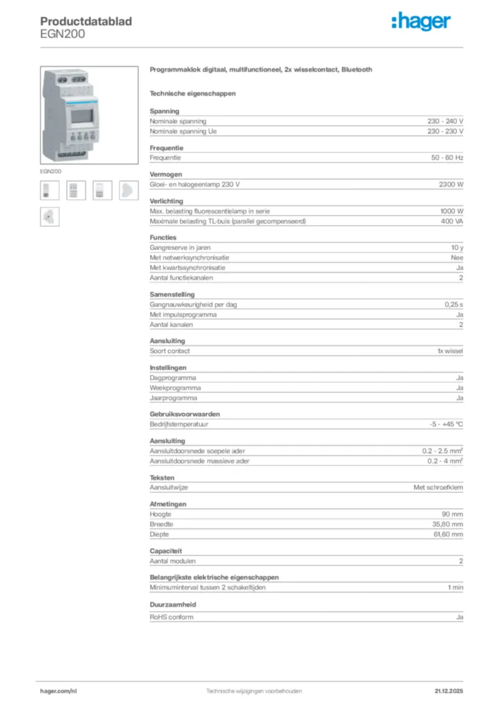 Afbeelding Hager Productdatablad EGN200 | Hager Nederland