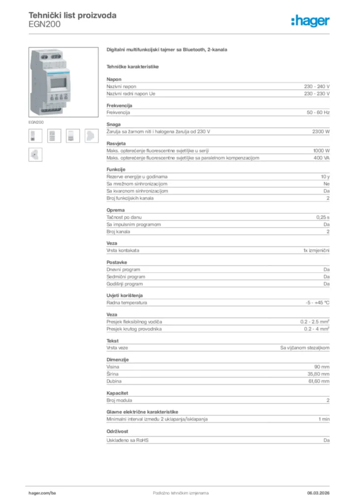Slika Hager Tehnički list proizvoda EGN200  | Hager