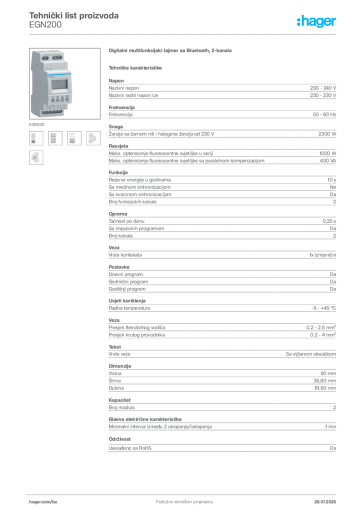 Slika Hager Product data sheet EGN200  | Hager