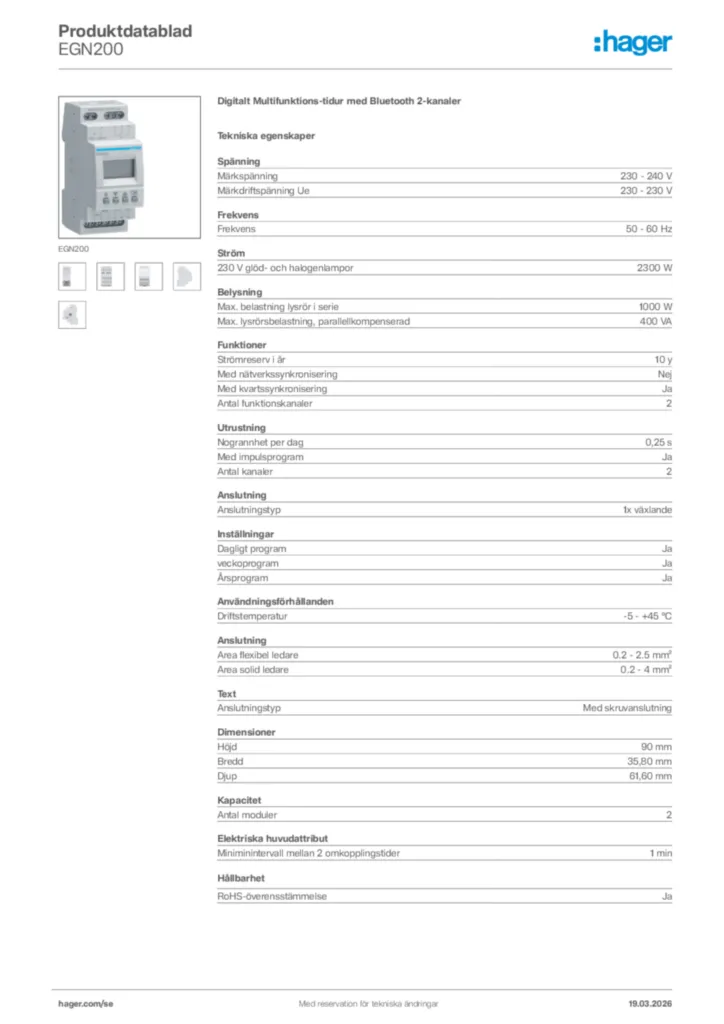 Bild Hager Produktdatablad EGN200 | Hager Sverige