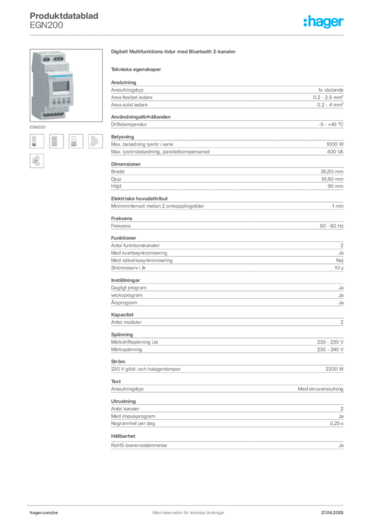 Bild Hager Produktdatablad EGN200 | Hager Sverige