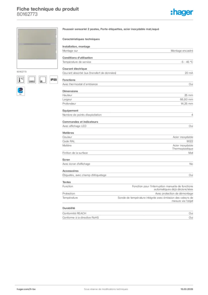 Image Hager Fiche technique du produit 80162773 | Hager Belgique