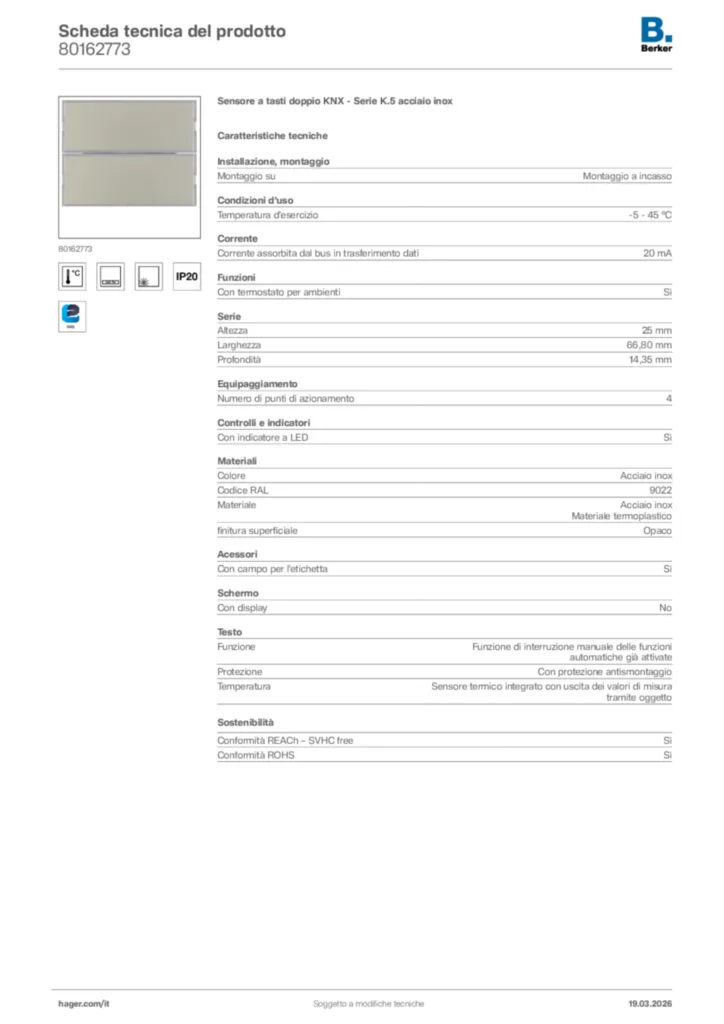 Immagine Berker Scheda tecnica del prodotto 80162773 | Hager Italia