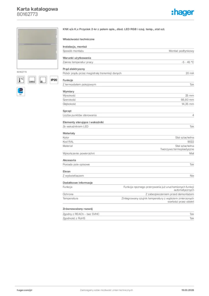 Zdjęcie Hager Karta katalogowa 80162773 | Hager Polska