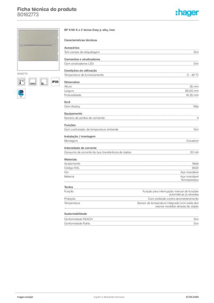 Imagem Hager Ficha técnica do produto 80162773 | Hager Portugal