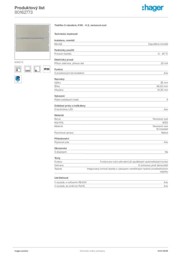 Obrázek Hager Product data sheet 80162773 | Hager