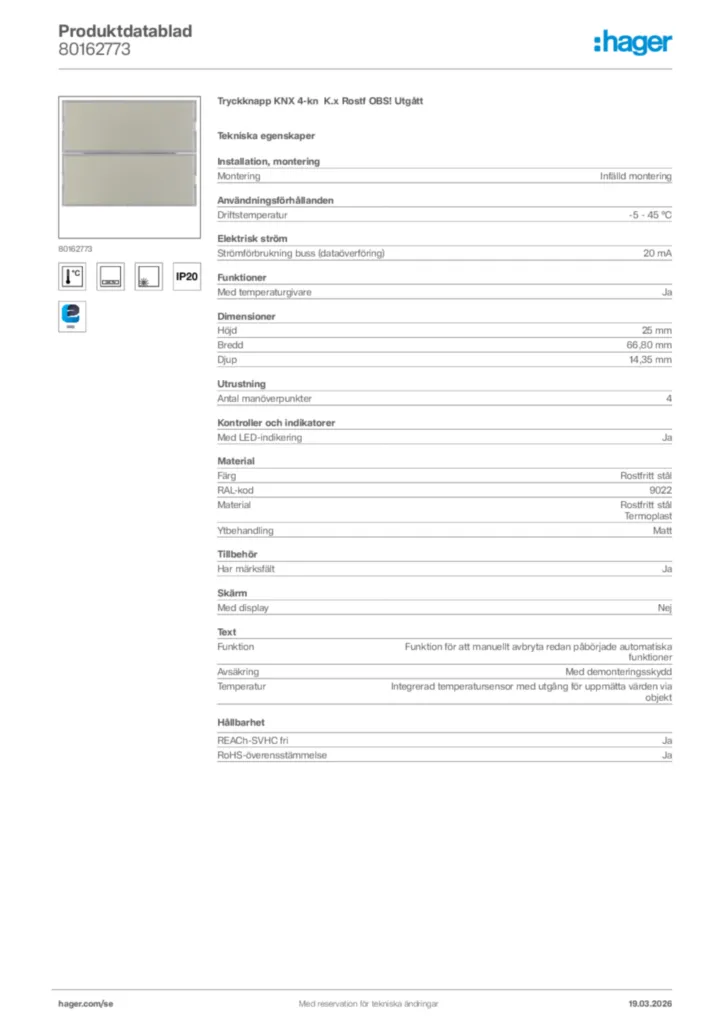 Bild Hager Produktdatablad 80162773 | Hager Sverige