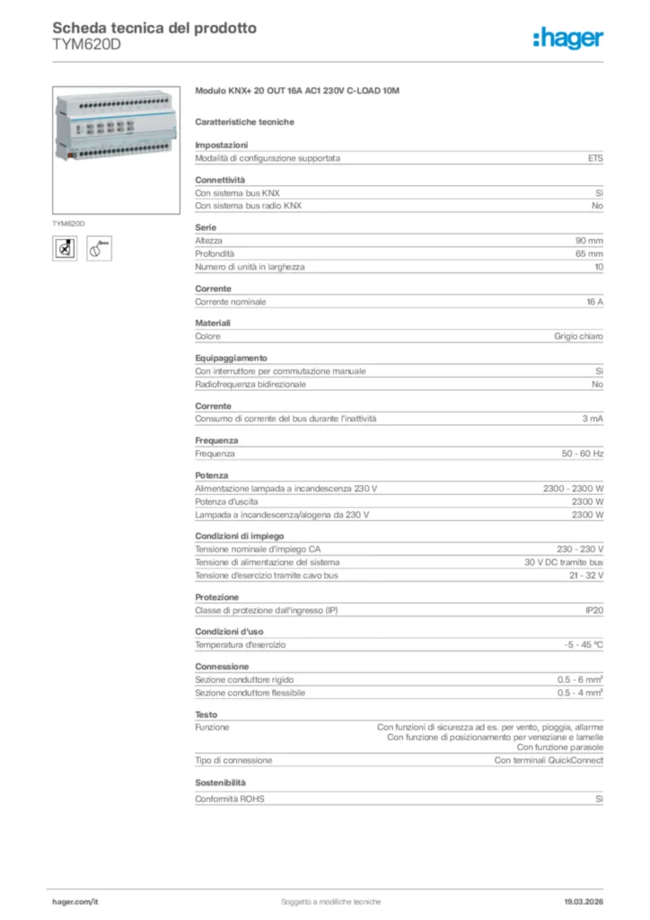 Immagine Hager Scheda tecnica del prodotto TYM620D | Hager Italia